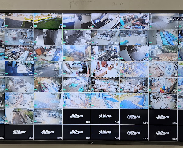 A monitoring display with camera views from across a site.