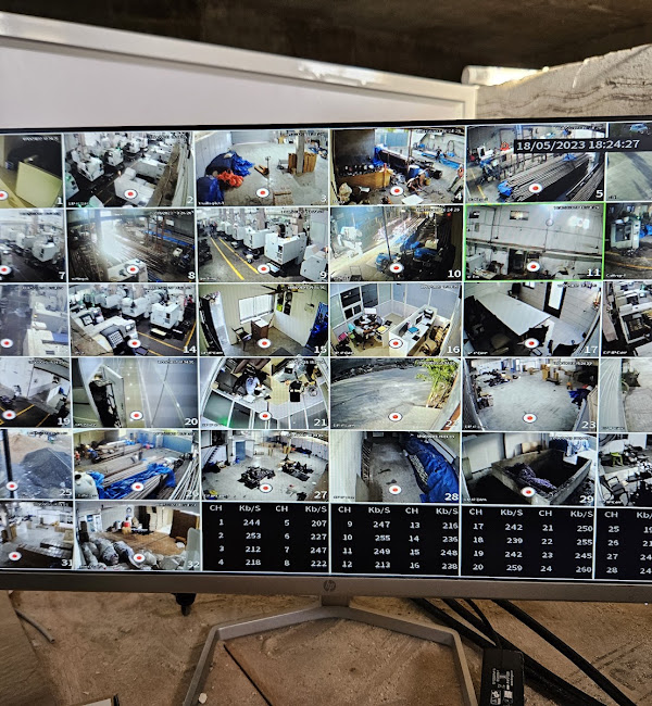 Multiple camera views brought together on one monitoring screen.